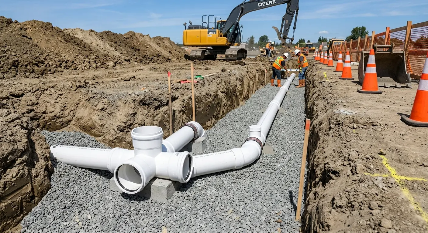 New PVC sewer pipe installation in open trench for Sewer Backup in North Manchester
