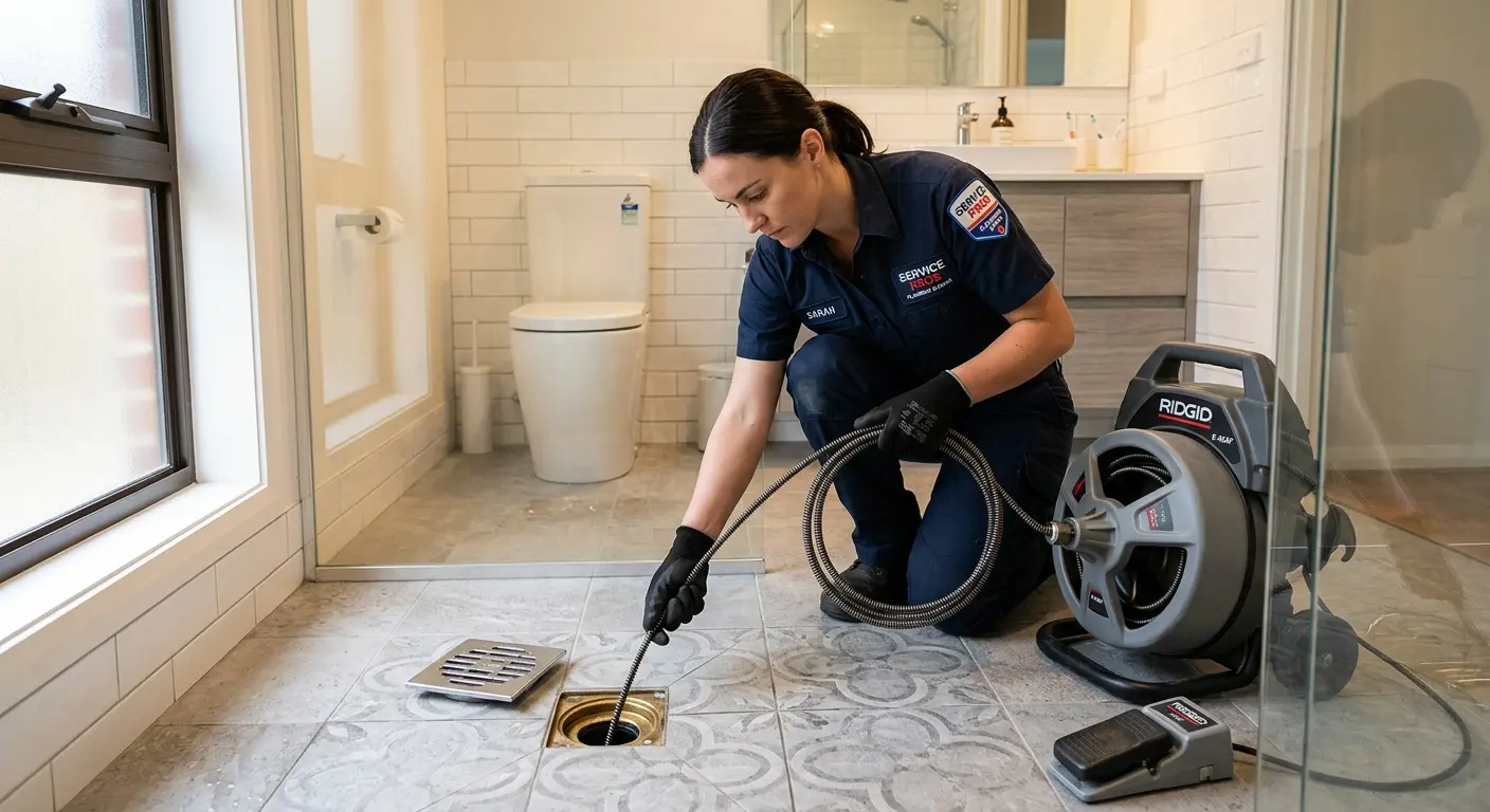 Technician clearing a bathroom floor drain for Drain Cleaning in North Manchester